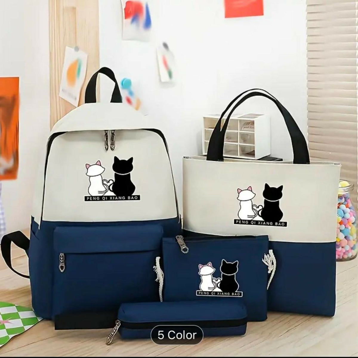 Cute Cat Print 5-Piece School Bag Set for Girls – Backpack, Handbag, Crossbody Pouch, Pencil Case & Lunch Bag – Black