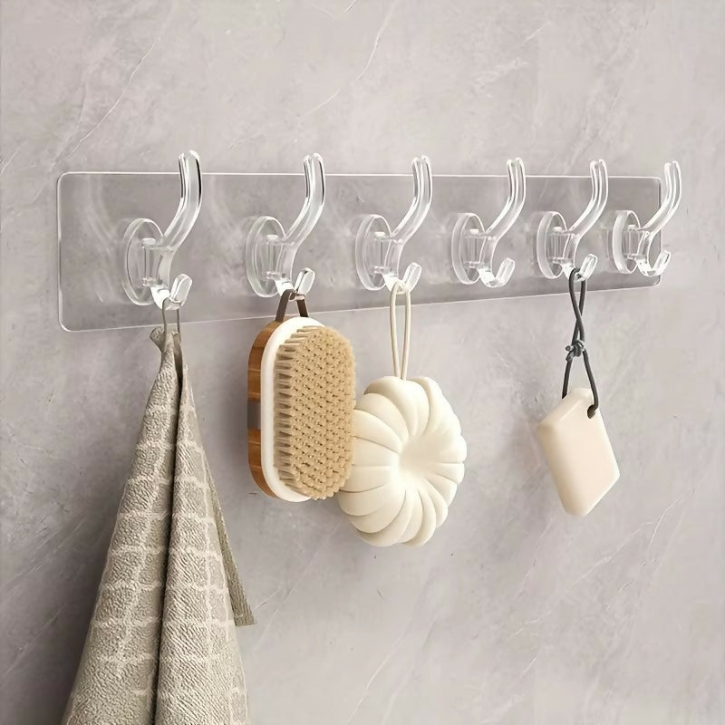 Pack of 3 Transparent 6‑Hooks Hanger | Self Adhesive | Waterproof & Reusable Wall Hooks | Multipurpose Strong Clips