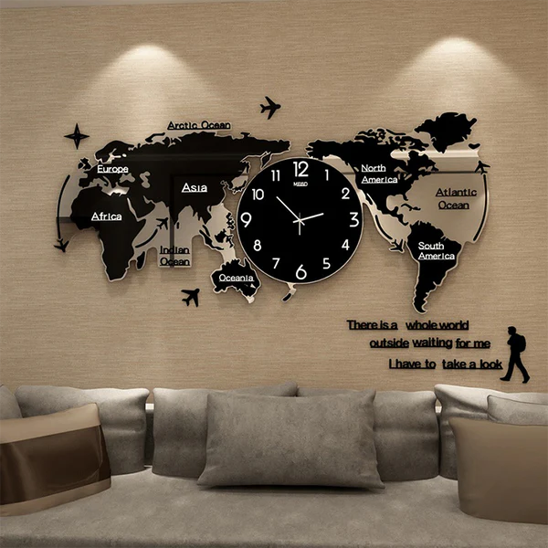 Wooden World Map Wall Clock for Living Room Decor
