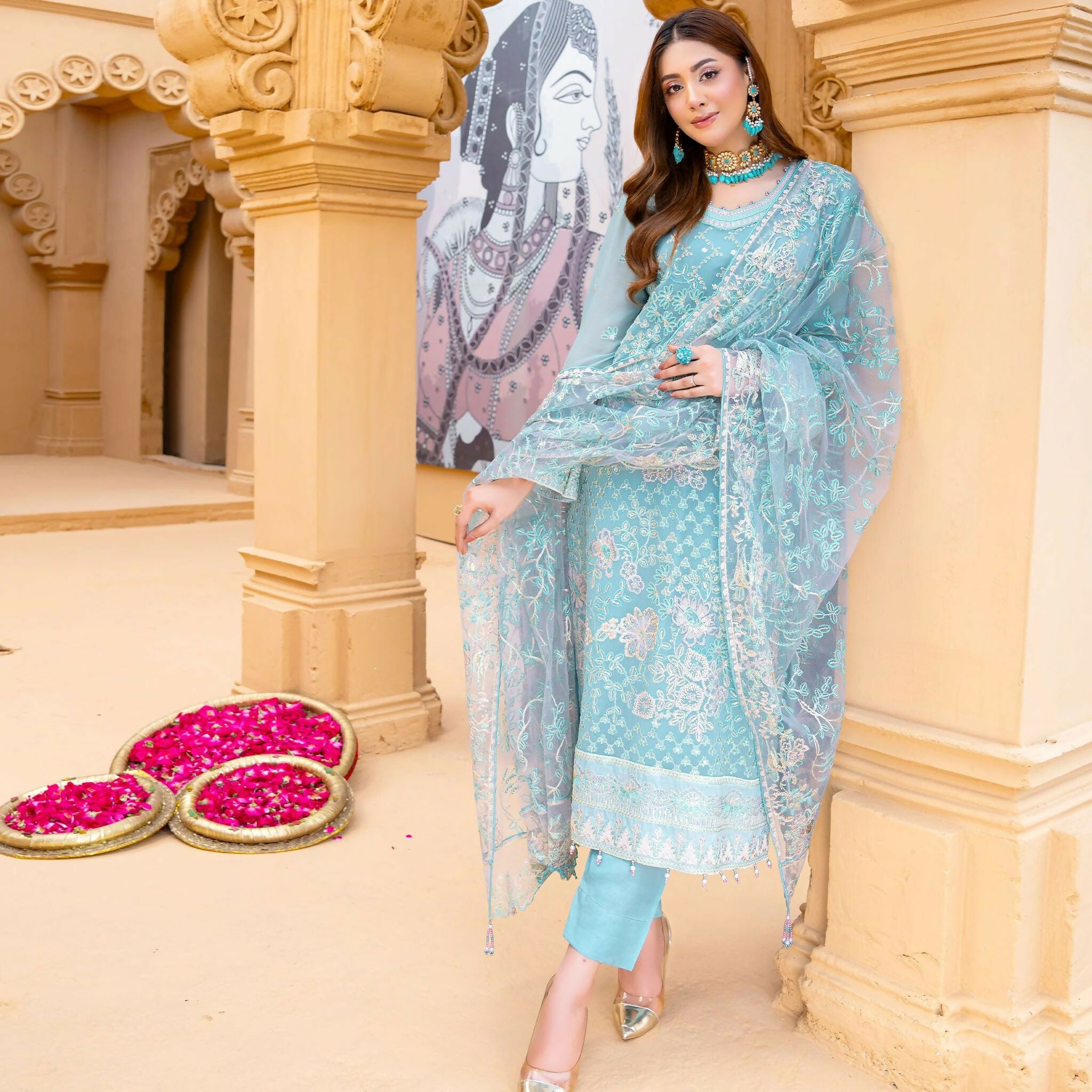 Semi-Stitched Net Embroidered Suit