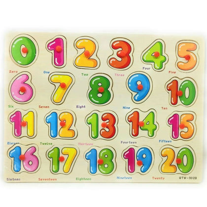 Wooden Number Puzzle Plate 1–20, Colorful Knob Pieces, for Early Learning