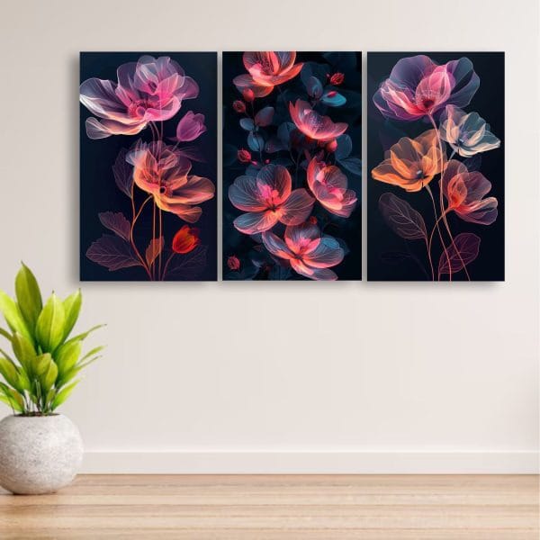 Set of 3 Floral Wooden Wall Art Frames, Elegant Wall Décor
