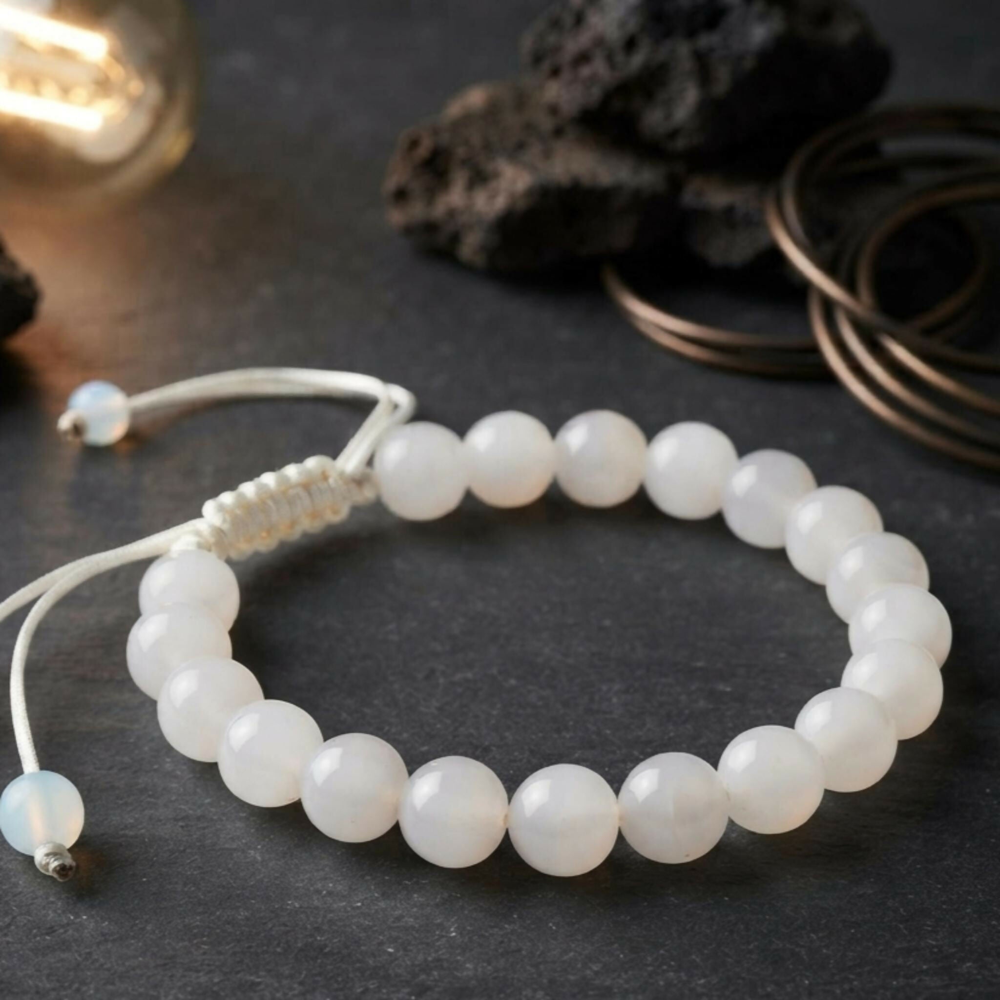 Natural Milky White Aqeeq Stone Bracelet - Genuine Gemstone Beaded Wristband Elegant Handcrafted Jewelry For Men And Women Fashion Accessory - Adjustable