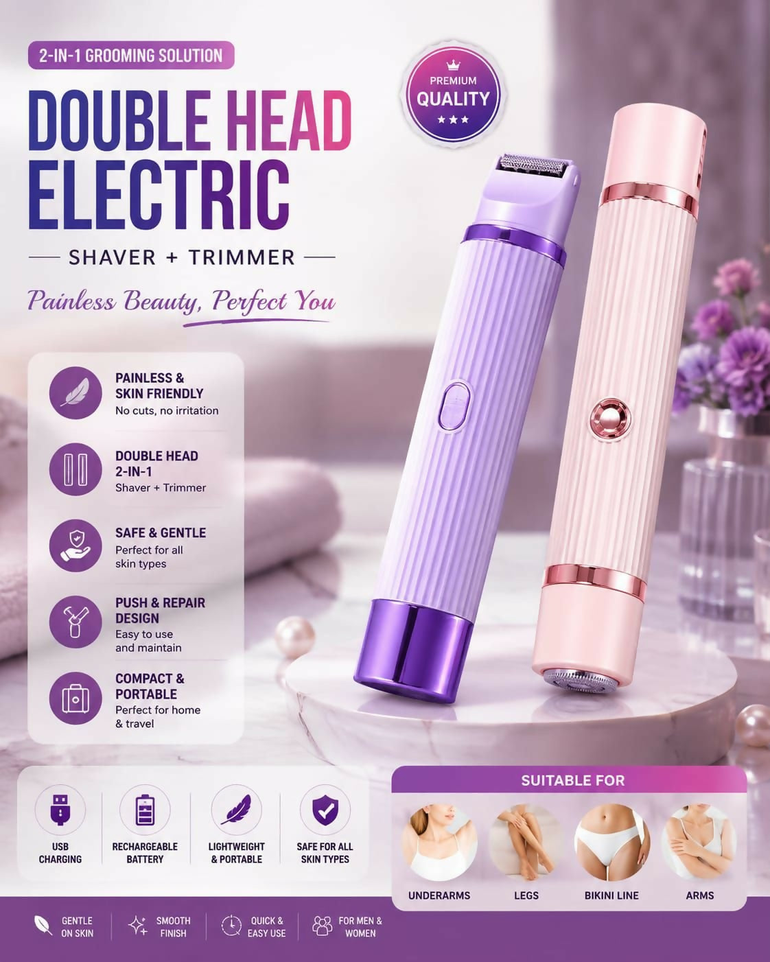 2-in-1 Dual Head Shaver & Electric Trimmer for Women – High Quality