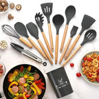 12 Pcs Silicone Cooking Utensils Kitchen Utensil Set | Heat Resistant Kitchen Non toxic Spatula Set with Turner Tongs,Spoon,Brush,Whisk-Wooden Handle – Random Color
