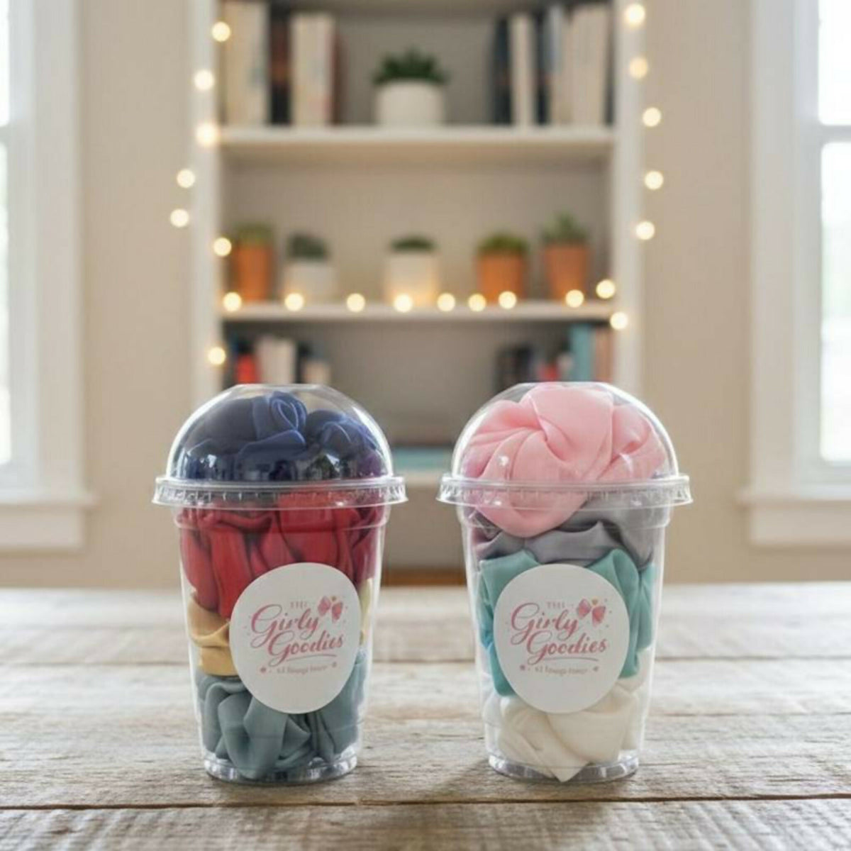 4Pc Colorful Satin Scrunchie Set in Clear Dome Cups – Soft Hair Ties, Random Colors