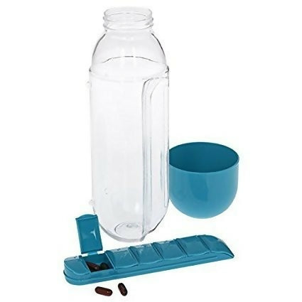 2-in-1 Medicine Organizer with Water Bottle – 7 Days Pill Box, 600ml BPA-Free Drinking Bottle, Removable Cup, Compact Travel Pill Planner for Kids, Adults & Elderly