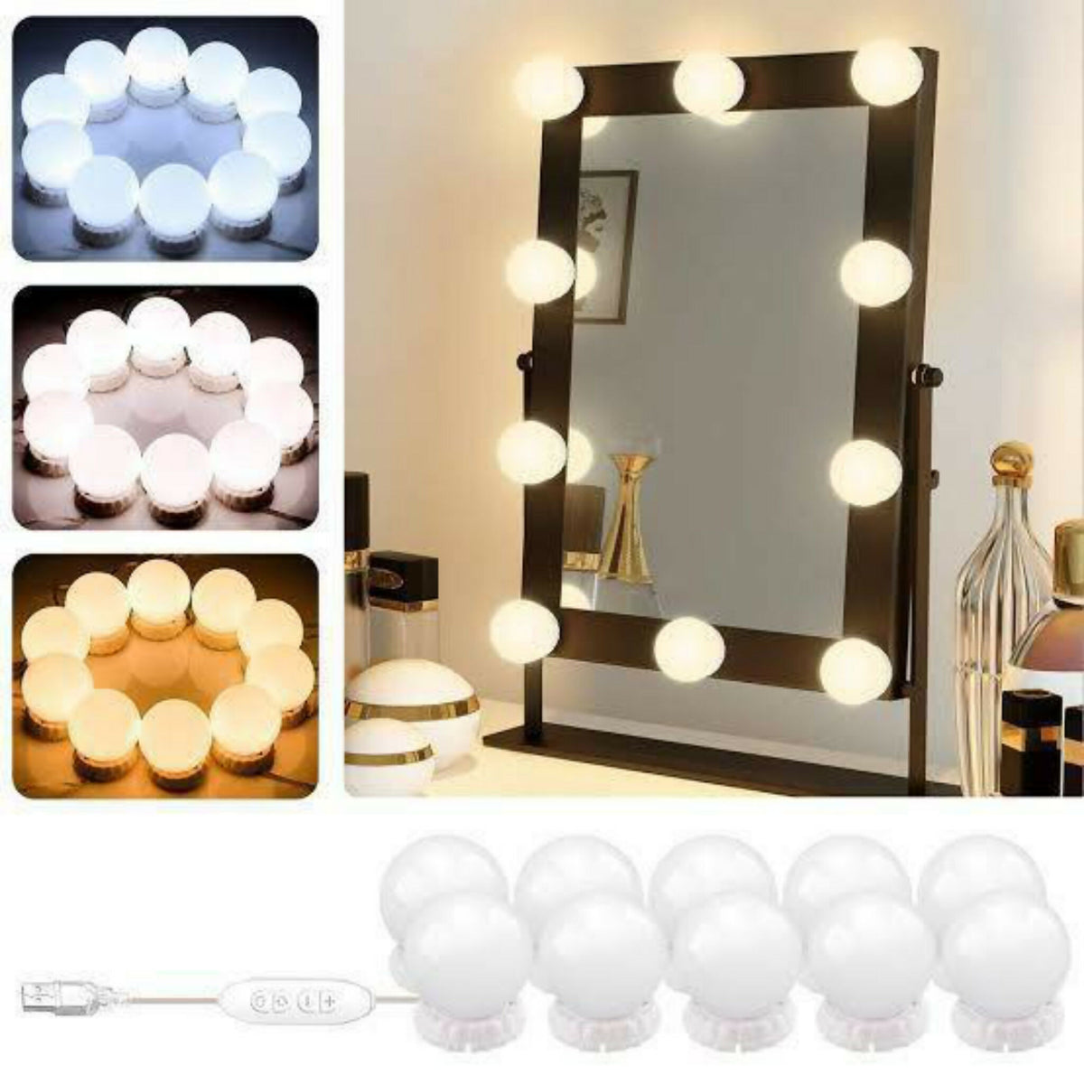10 Bulb Vanity Mirror LED Light Kit – 3 Modes USB Makeup Lights