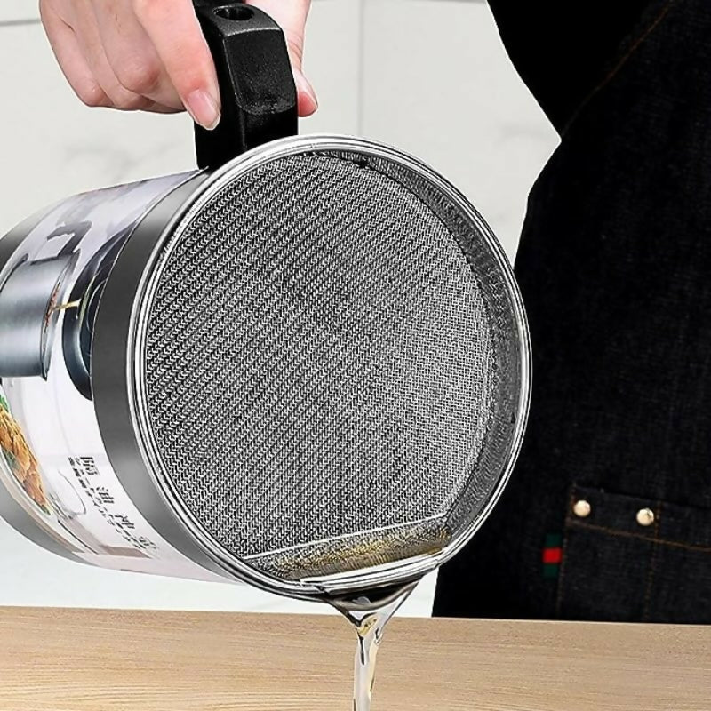 .4L Fryer Oil Filter Pot Carbon Steel Jug with Stainless Steel Strainer Lid