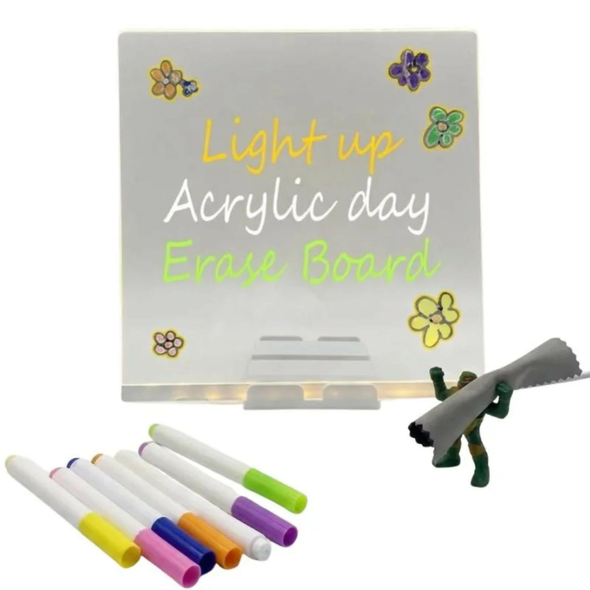 8x8 Inches LED Acrylic Writing Board with USB Light | 7 Colorful Erasable Pens | Message Board with Markers & Stand