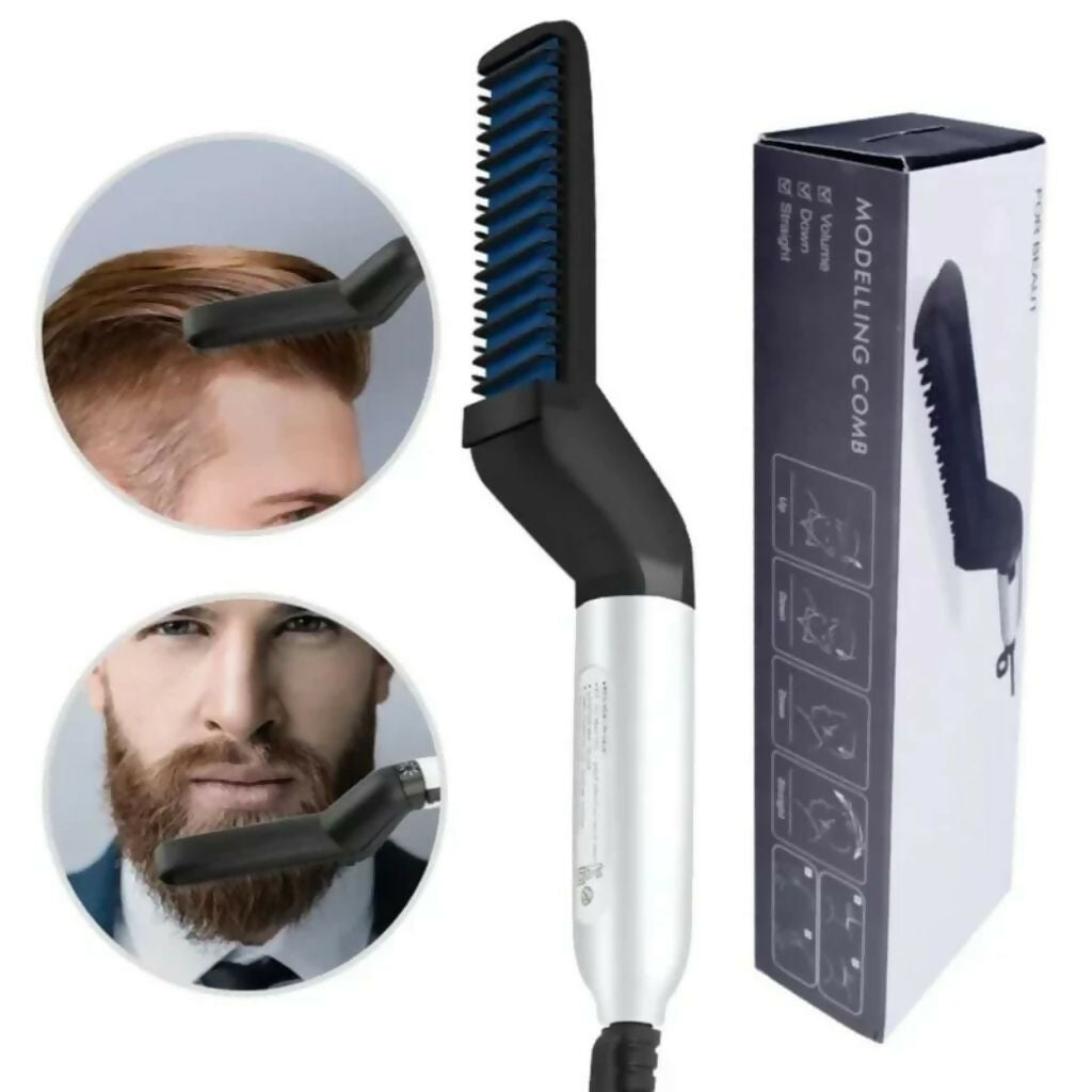 Hair & Beard Straightener Comb, Ceramic Heated Brush, Daily Grooming for Men