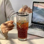 500ML Glass Tumbler with Handle & Straw – Bubble Design Drinking Cup with Lid – Reusable Iced Coffee, Juice & Smoothie Glass Mug