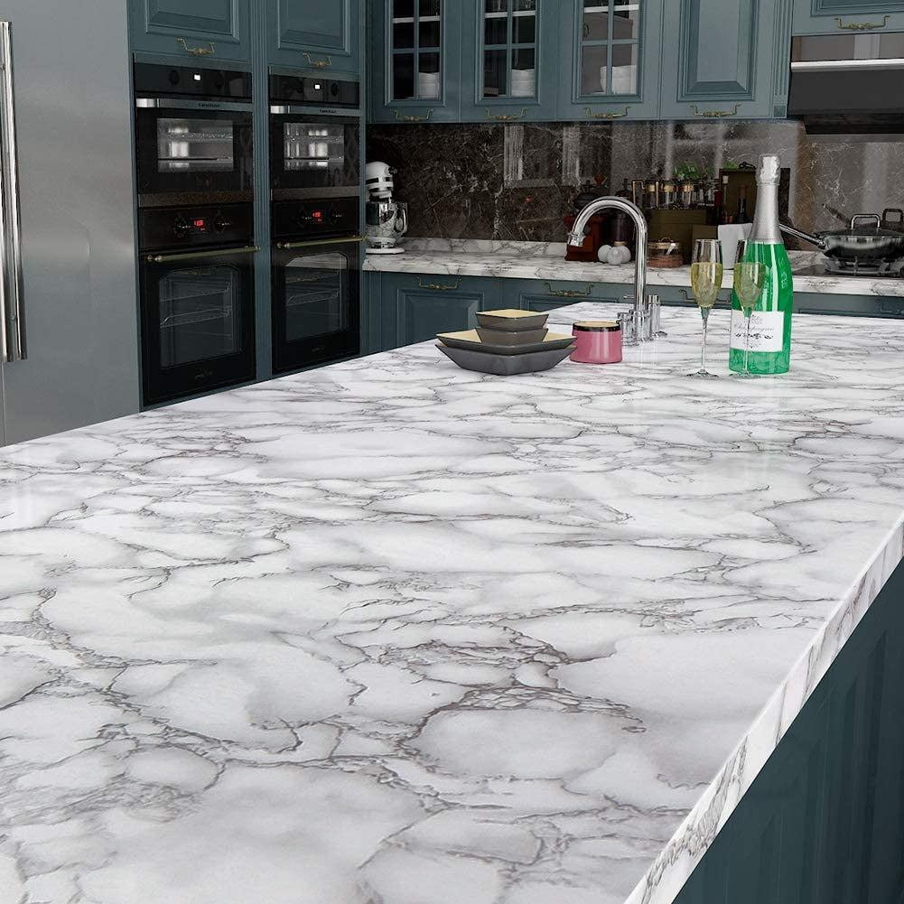 Wallpaper Self Adhesive White Marble Sheet For Kitchen,  Waterproof, Heat And Oil Resistant