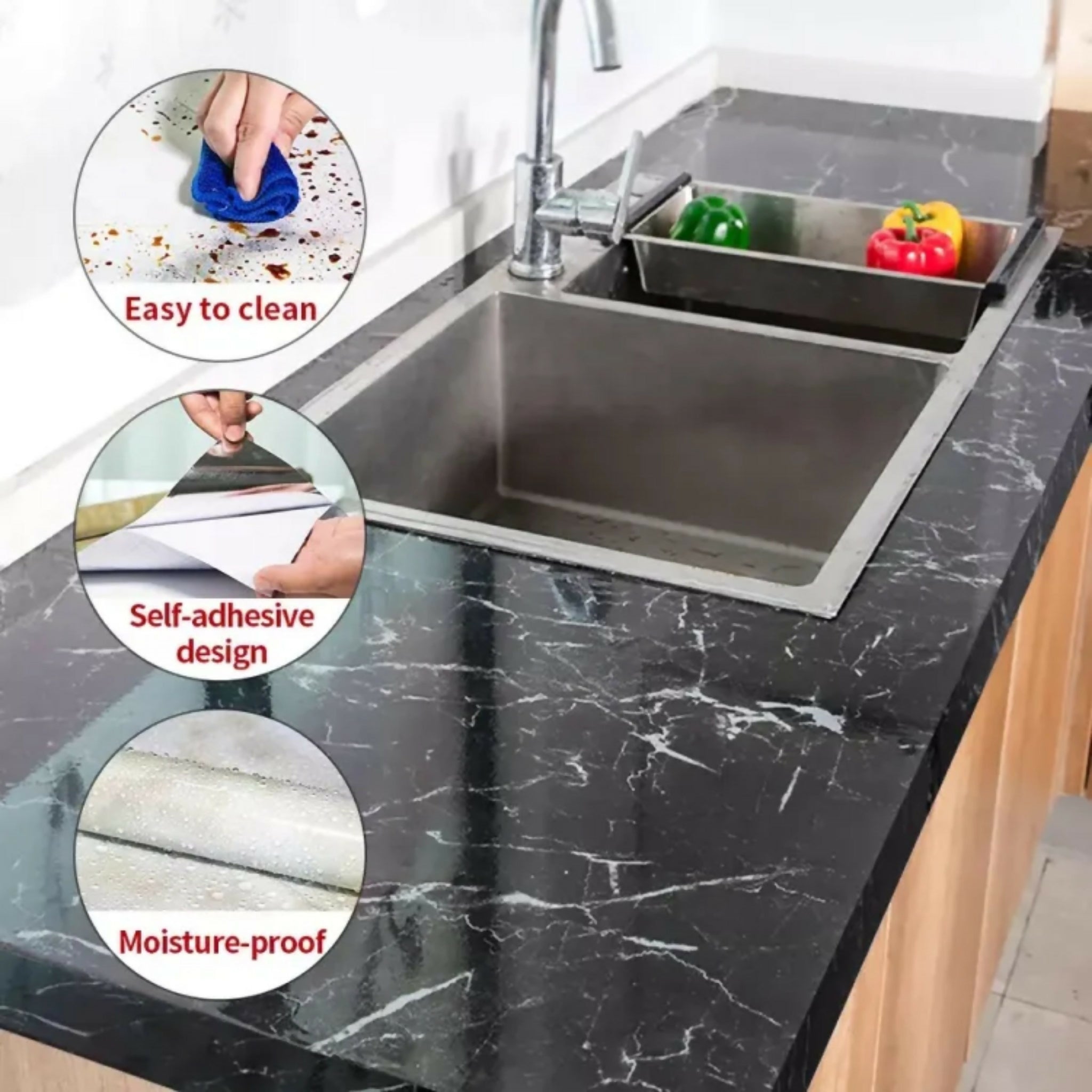 Self Adhesive Marble Sheet Sticker 60×200cm | Black Kitchen Wallpaper | Anti-Oil & Heat Resistant