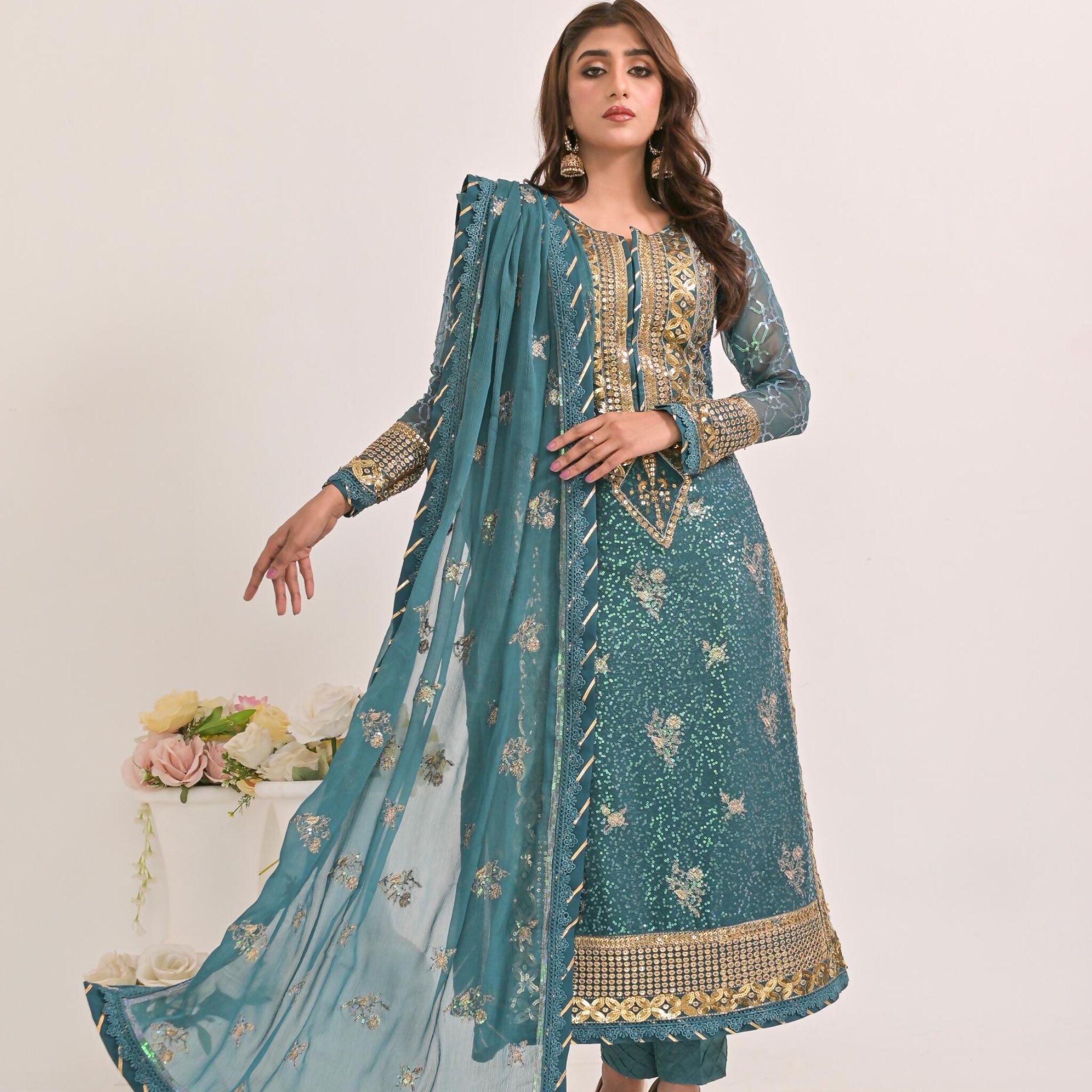 Dress Set, Embroidered Daman Border for Front & Back On Organza