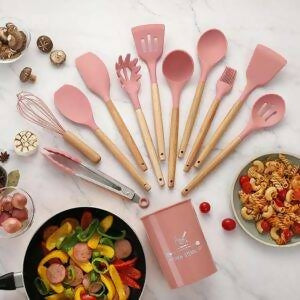 Kitchen Non toxic Spatula Set with Turner Tongs,Spoon,Brush,Whisk-Wooden Handle – Random Color