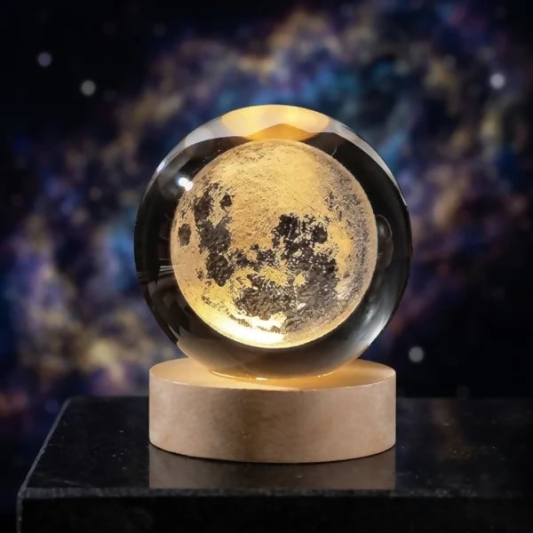 3D Galaxy Crystal Ball Lamp with Wooden LED Base – Decorative Night Light (Only Moon Shape)