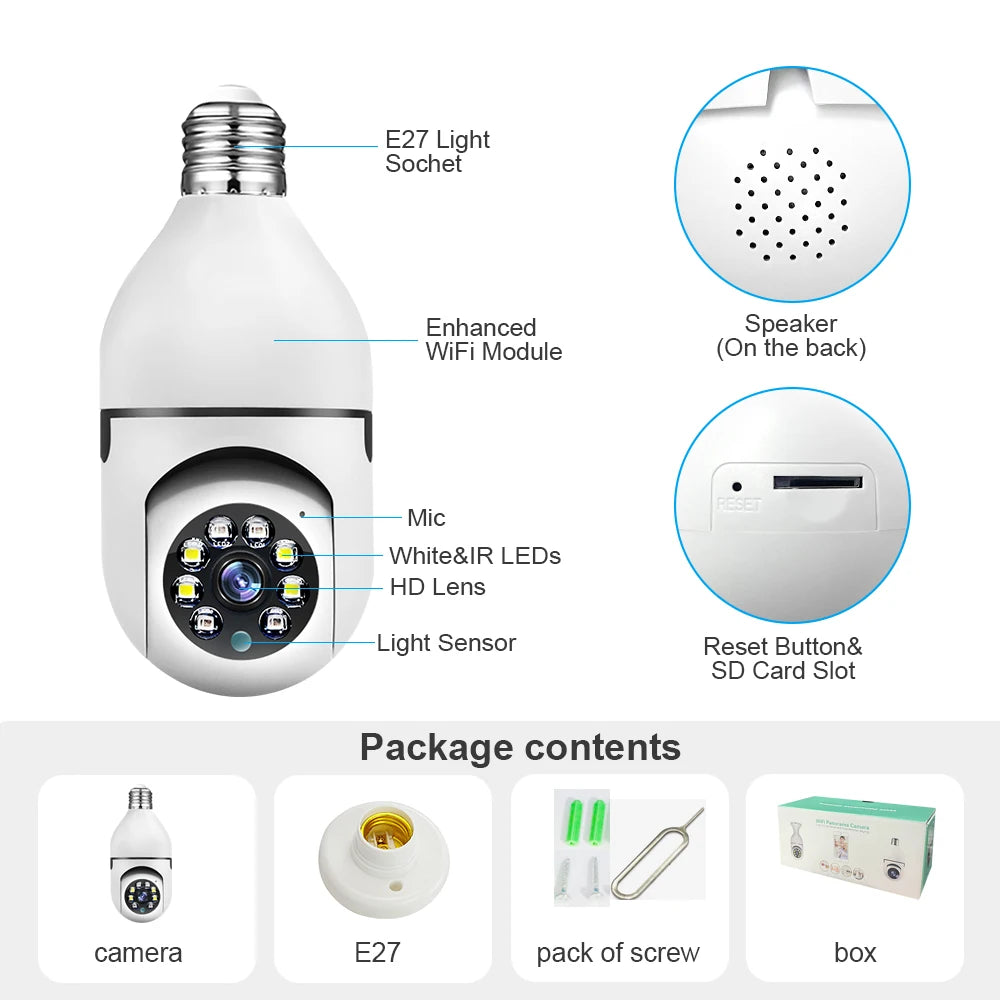 Camera, E27 WiFi Security 1080P Smart Bulb Camera with Night Vision