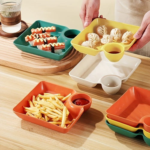 4 Piece Colorful Serving Platter Set With Built In Dip Bowl