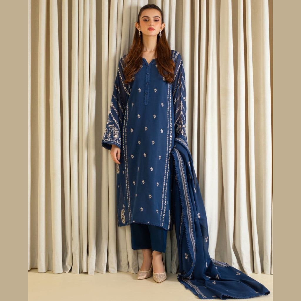 Premium Dhanak 3PCS Set, Embroidered Shirt & Pashmina Shawl, for Women