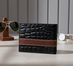 Men’s Croc Leather Wallet – Genuine Cow Leather Bifold (Black with Maroon Strip)