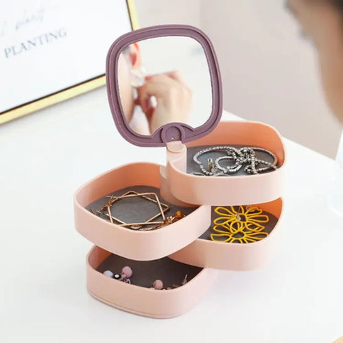 Jewelry Organizer Box, 360 Rotating with Mirror and 4 Layer Storage
