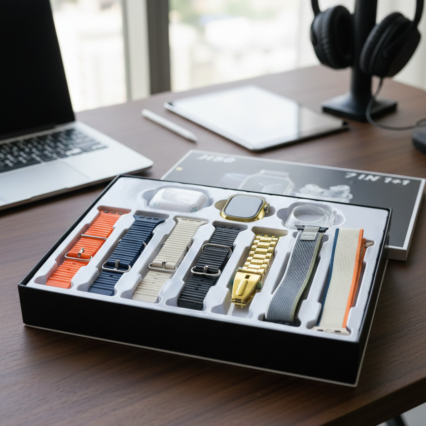 H50 Smart Watch 7-in-1 Golden Design Set, Premium Smartwatch Bundle