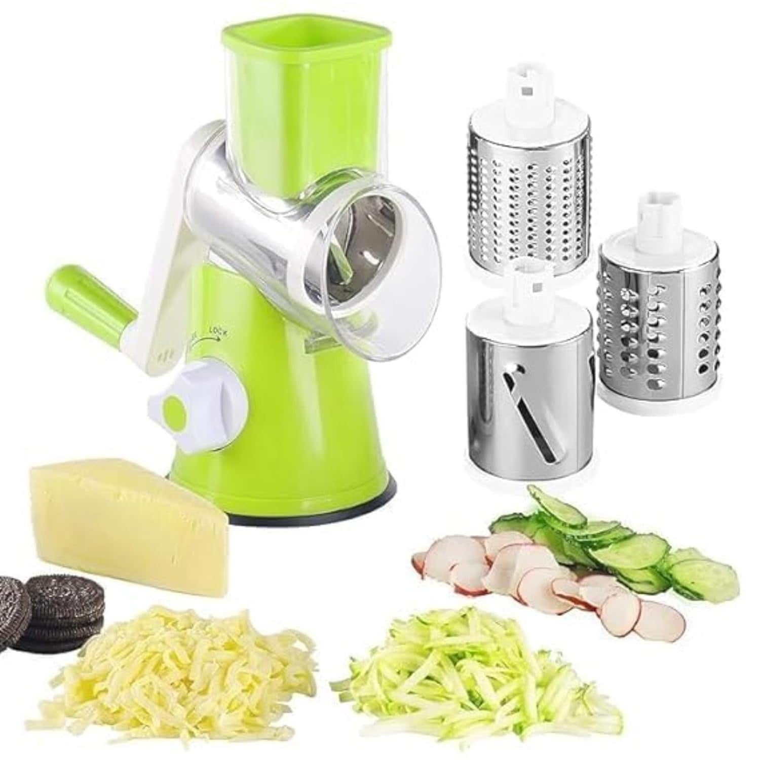 Manual 3-in-1 Vegetable Cutter & Drum Grater – Table-Top Slicer