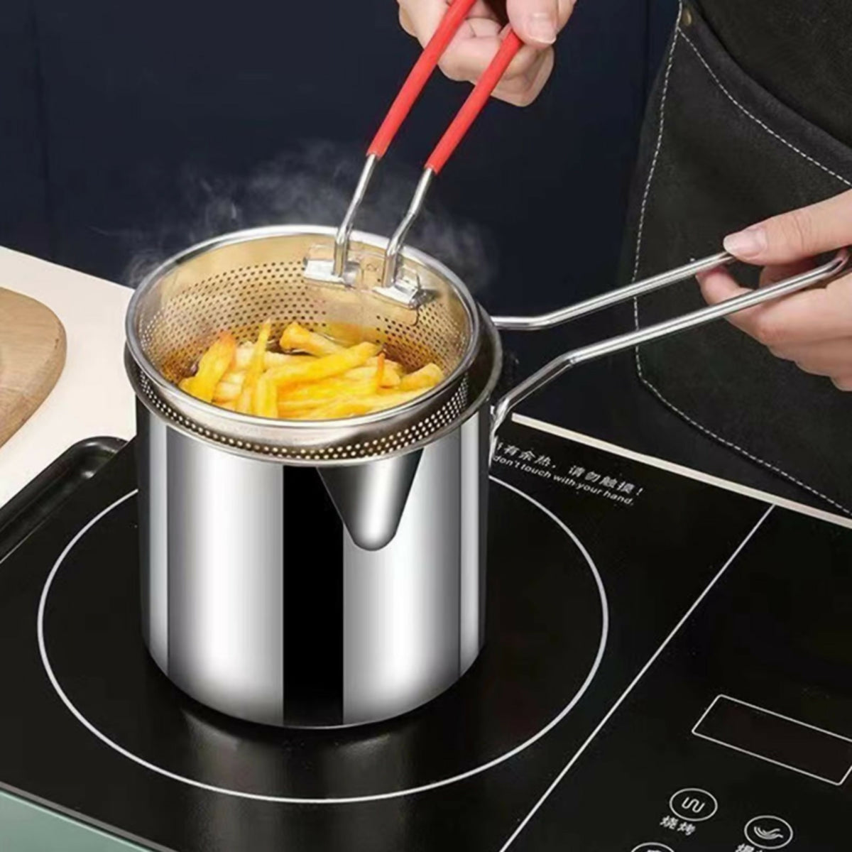 Stainless Steel Deep Fryer Pot with Strainer 1200ML | Heavy-Duty Oil Frying Pan for Kitchen