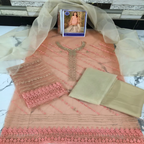 Net-3PC EMB, Net Shirt with Organza Dupatta & Gharara with Malai Trousers