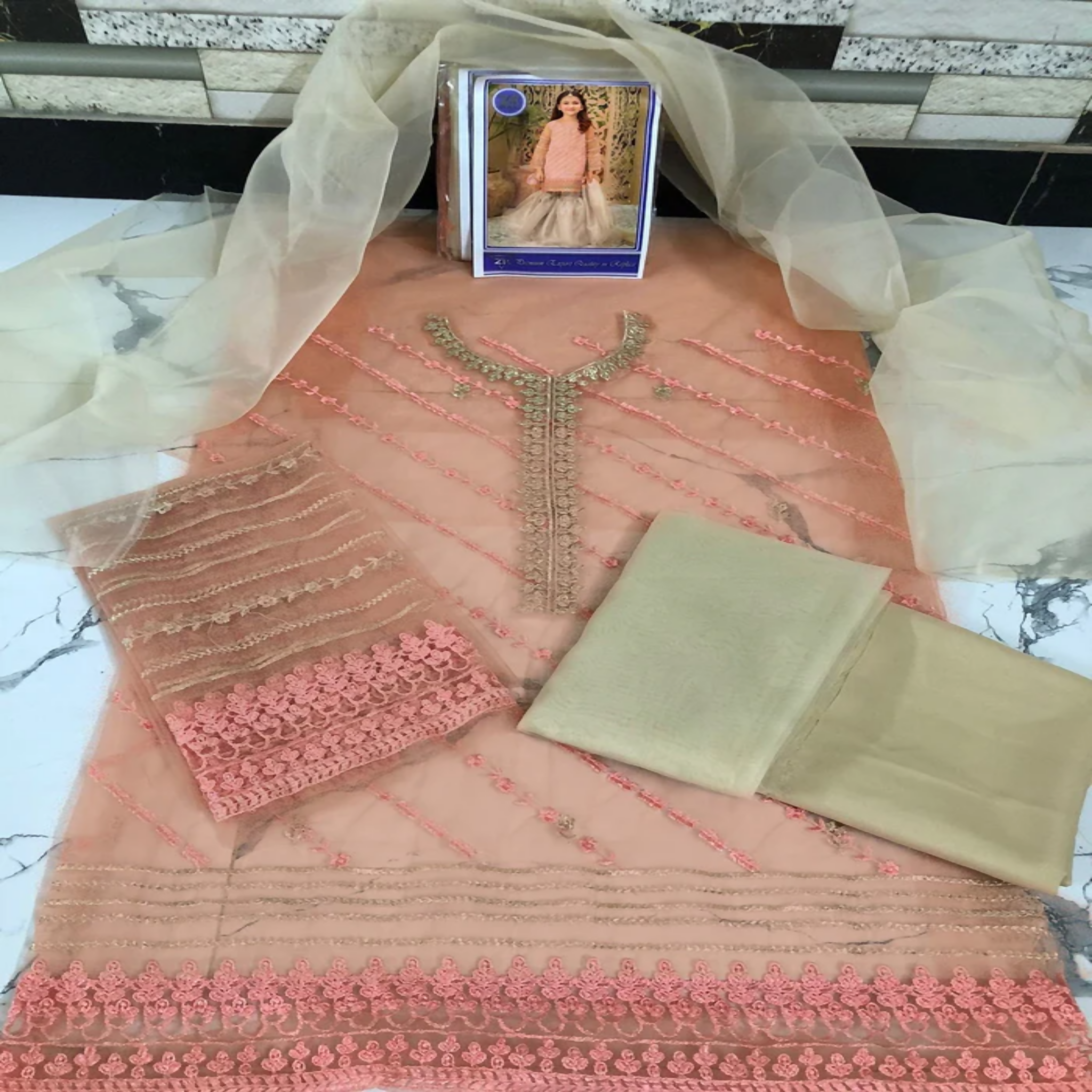 Net-3PC EMB, Net Shirt with Organza Dupatta & Gharara with Malai Trousers