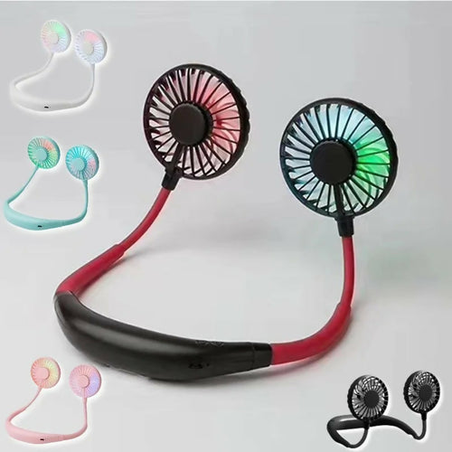 Lazy Portable Silent Neck Fan – Wearable Rechargeable Dual Fan with LED Light & 3-Speed Control (Random Color)
