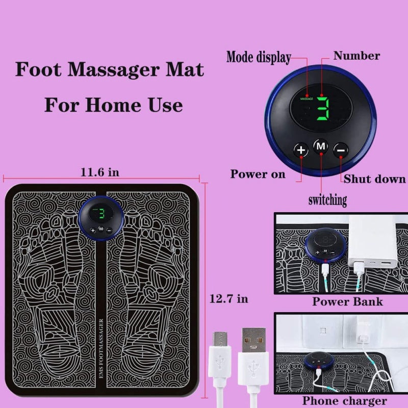 EMS Foot Massager Mat, Electric USB Charging Smart Display Tens Acupuncture