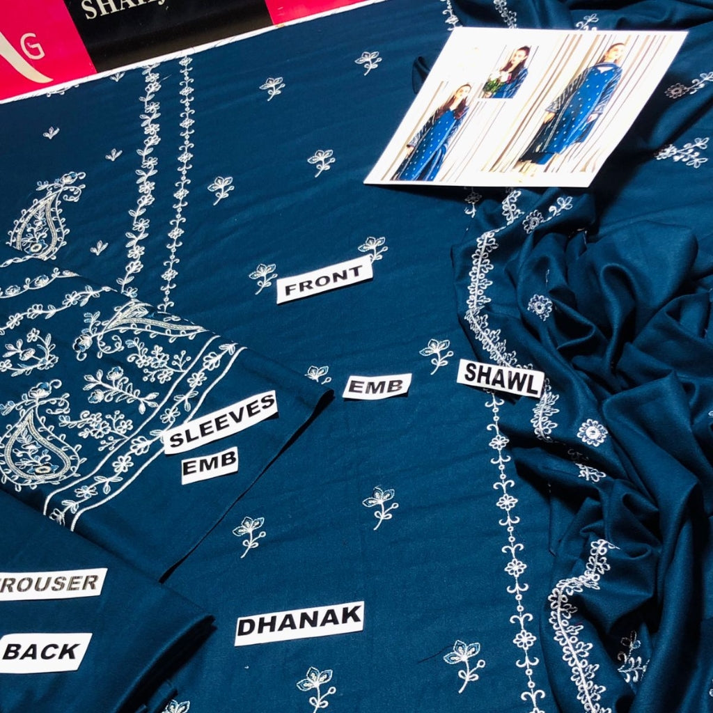 Premium Dhanak 3PCS Set, Embroidered Shirt & Pashmina Shawl, for Women