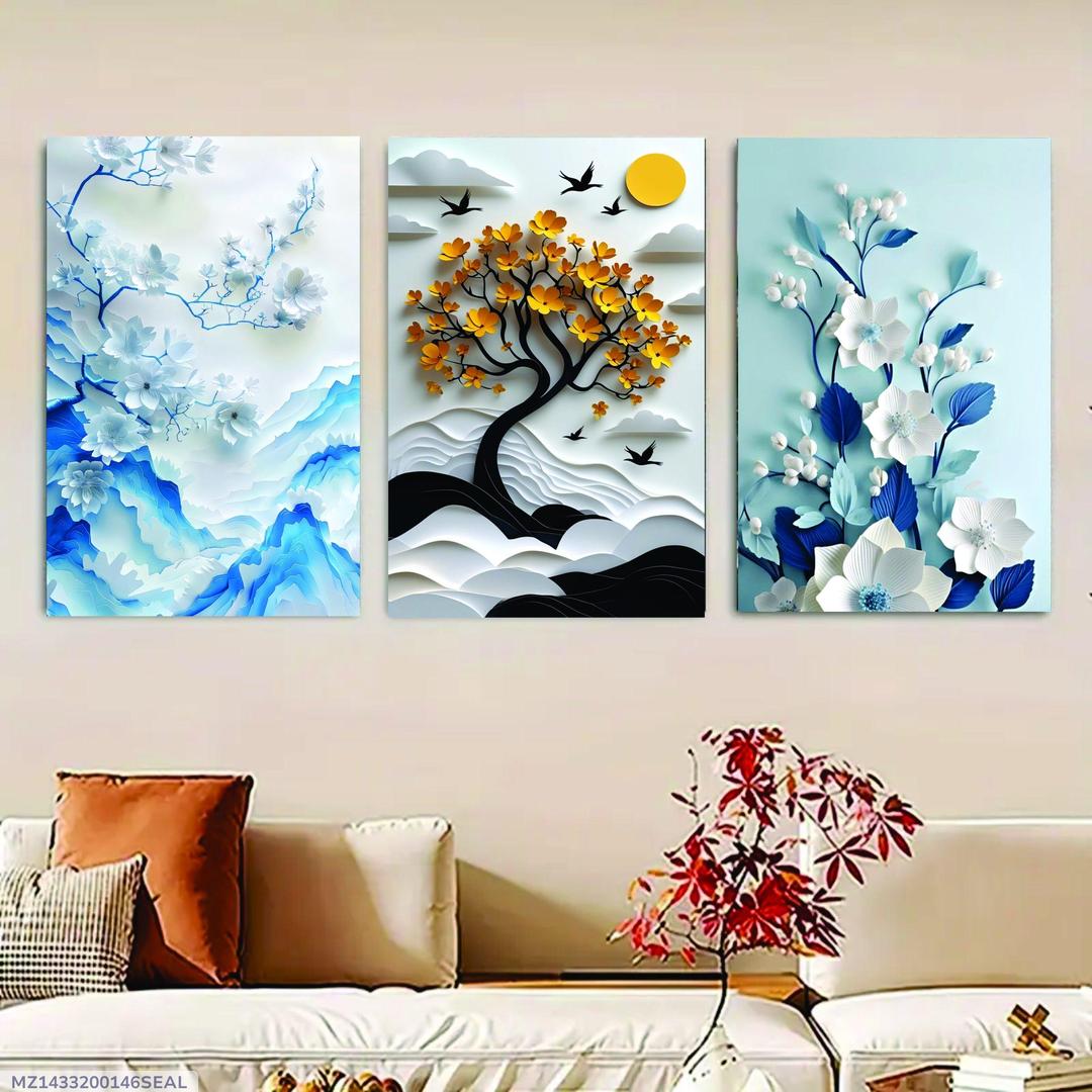 3 Piece Wooden Nature Wall Art Set With Floral And Tree Designs