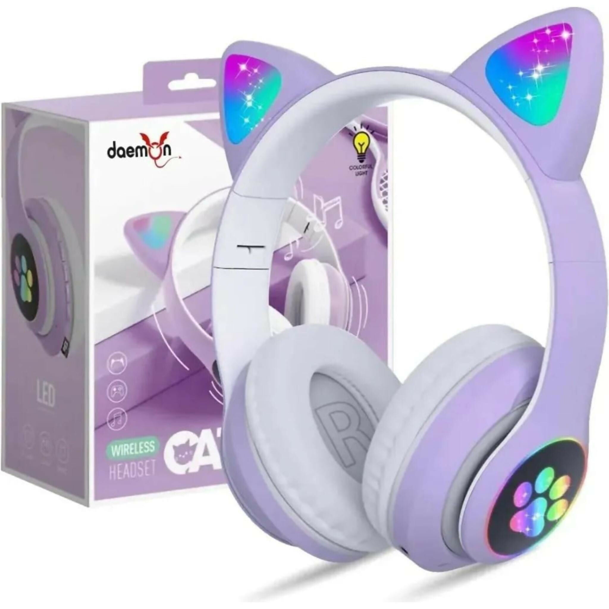 Cat Ear Wireless Bluetooth Headphones with RGB LED Lights & Built-in Mic – Stereo Bass Sound, Bluetooth & AUX Mode, Adjustable Over-Ear Headset for Kids, Teens & Girls