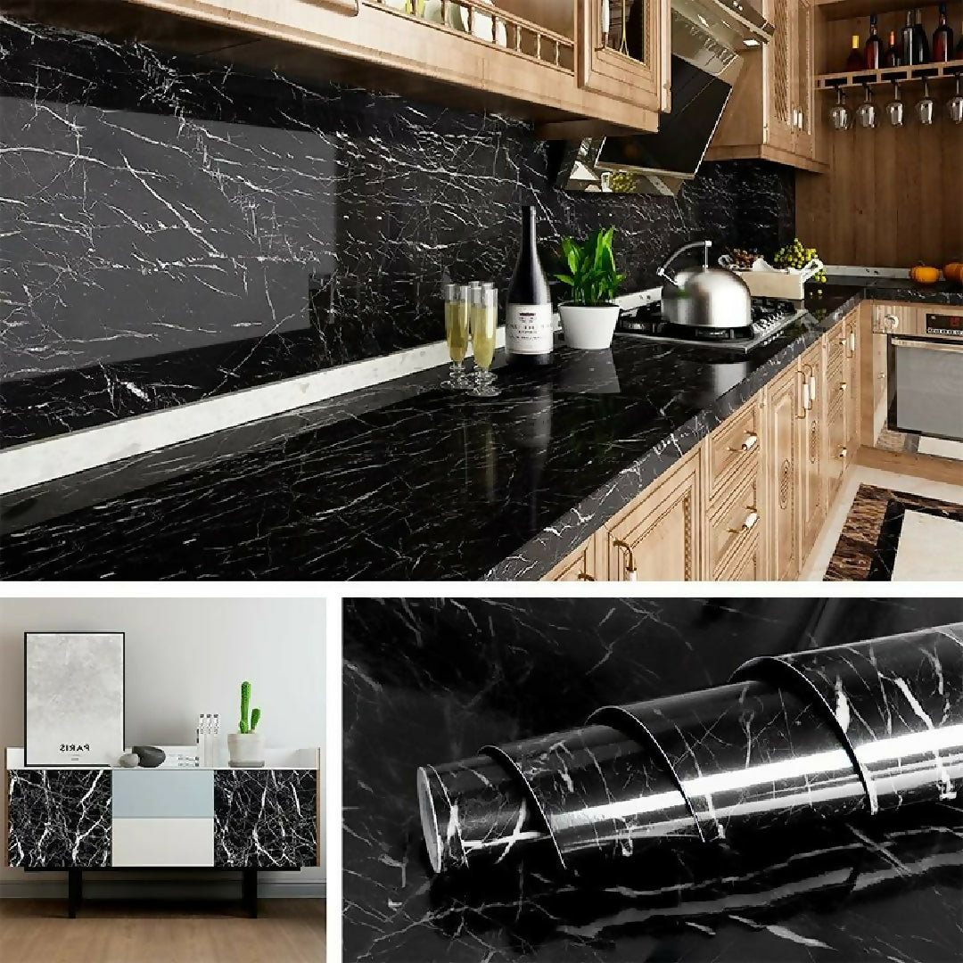 60CMx2M Self Adhesive Black Marble Sheet For Kitchen Anti Oil And Heat Resistant Wallpaper