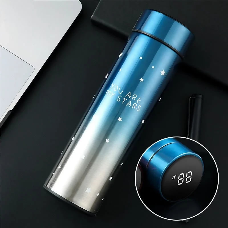 LED Temperature Display Water Bottle Stars Design | Smart Stainless Steel Vacuum 500ml Flask | Random Color LED Temperature Display Water Bottle