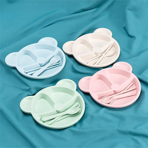 Cartoon Bear Divided Plate, with Spoon and Fork, for Kids - 5 Pcs