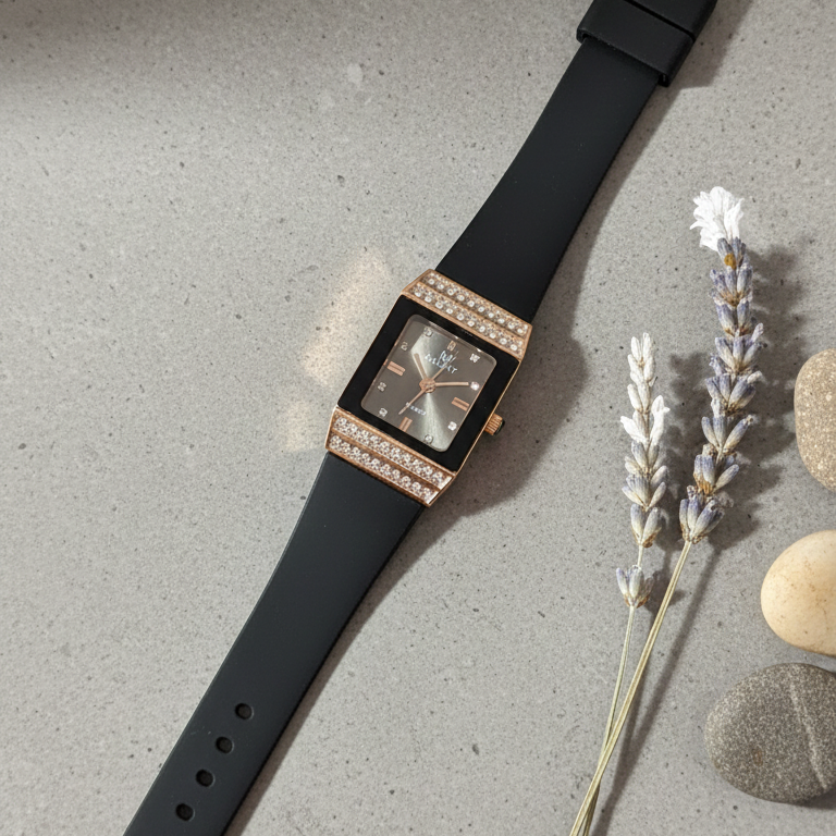 Midnight Elegance Rose Gold Rectangular Watch