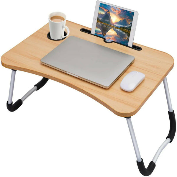 Foldable Laptop Table with Tablet Holder and Cup Holder – Beige Multi-Purpose Bed Desk