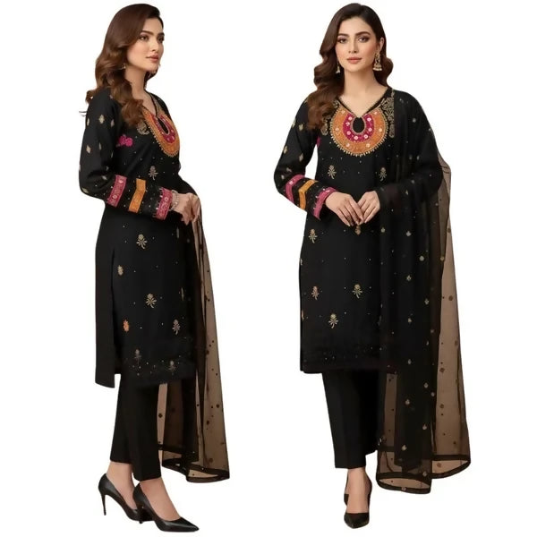 Organza 3-Piece Suit for Women | Unstitched Handmade Aari Zari & Beads Work