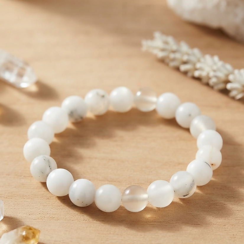 Natural Milky White Aqeeq Stone Bracelet - Genuine Gemstone Beaded Wristband Elegant Handcrafted Jewelry For Men And Women Fashion Accessory - Adjustable