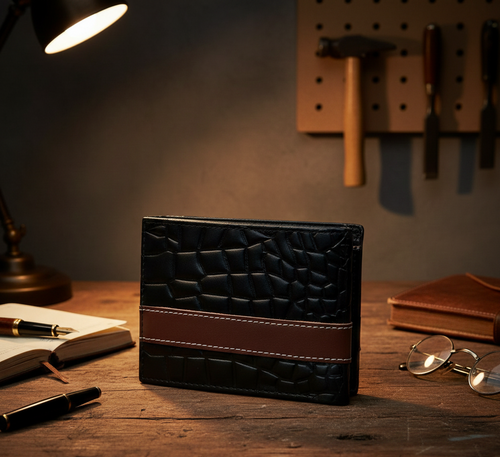 Men’s Croc Leather Wallet – Genuine Cow Leather Bifold (Black with Maroon Strip)