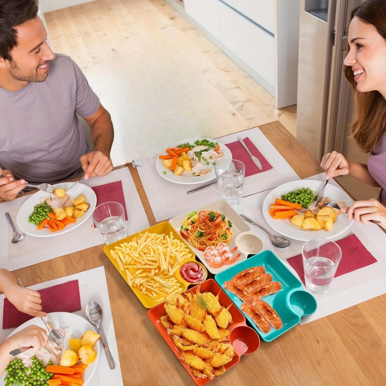 4 Piece Colorful Serving Platter Set With Built In Dip Bowl