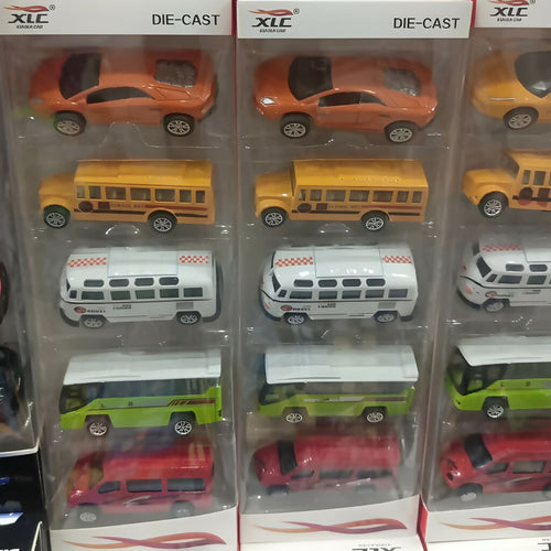 5-Piece Metal Vehicle Toy Set, Durable Pull-Back Cars & Buses, for Kids