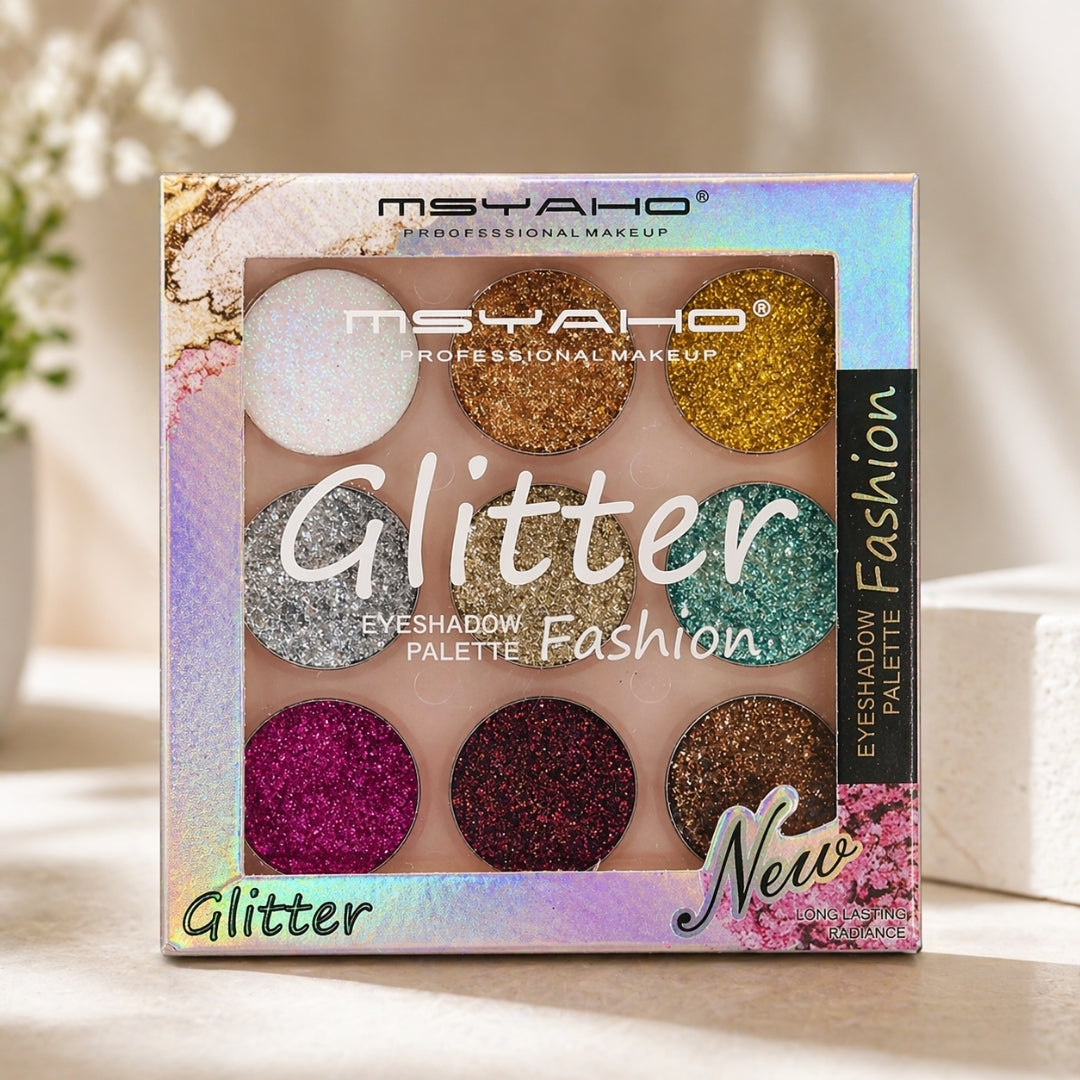 Glitter Butter palette with 9 shimmer and metallic shades for easy everyday and party makeup.
