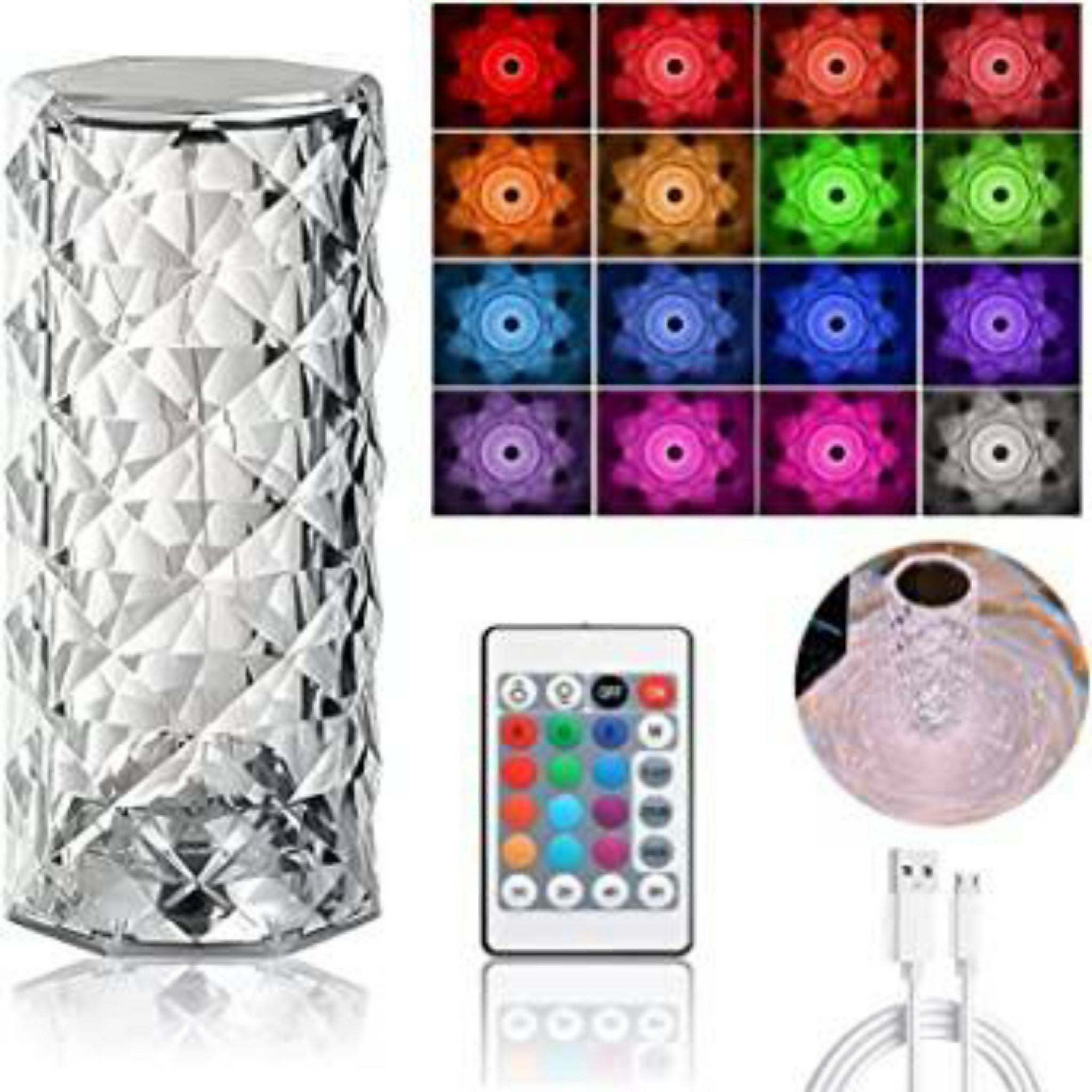 Rose Diamond Crystal Table Lamp – 16 Color RGB Touch Sensor LED Light with Remote & USB Charging