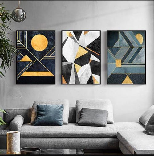 Black Gold Geometric Wall Decor 3 Panel Wooden Frame Set