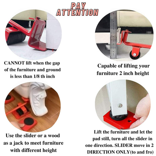 Heavy Duty Furniture Mover Tool Set, Lever Lifter & 360° Roller Sliders